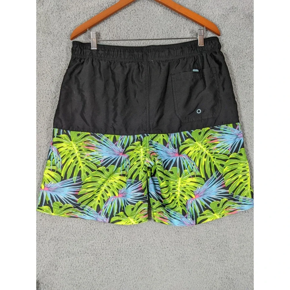 Faded Glory Swim Board Shorts Mens Medium Black Green Tropical Surfer Y2K Skater